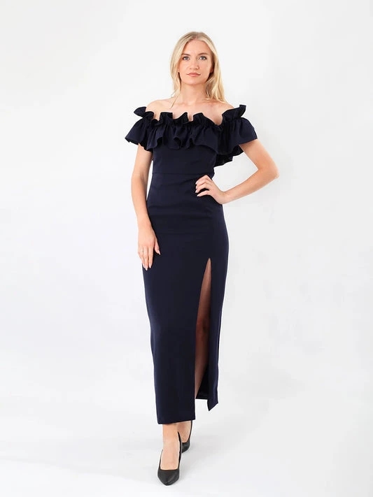 Off-Shoulder Ruffle Dress with Slit Detail