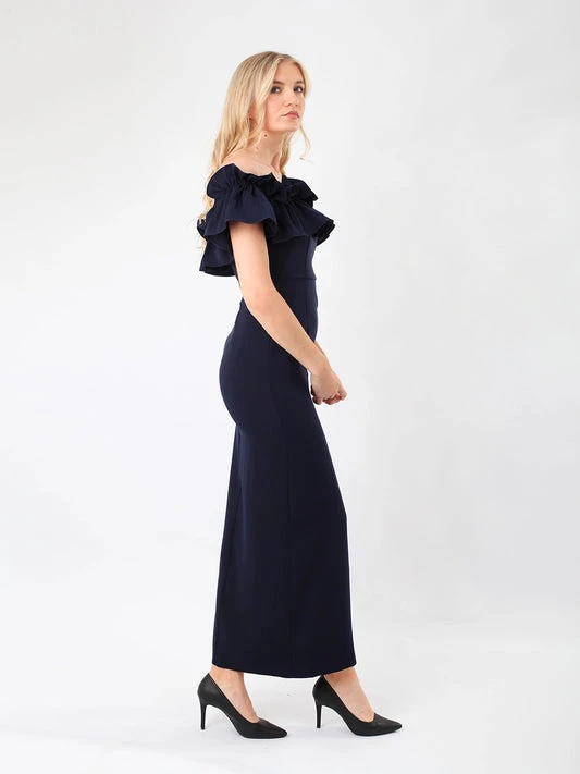 Off-Shoulder Ruffle Dress with Slit Detail