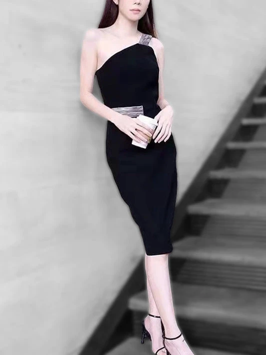 One Shoulder Black Dress with Grey Details