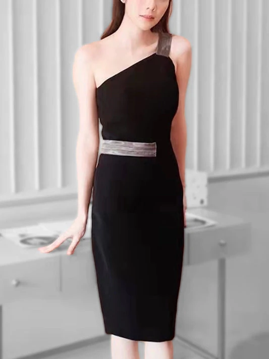 One Shoulder Black Dress with Grey Details